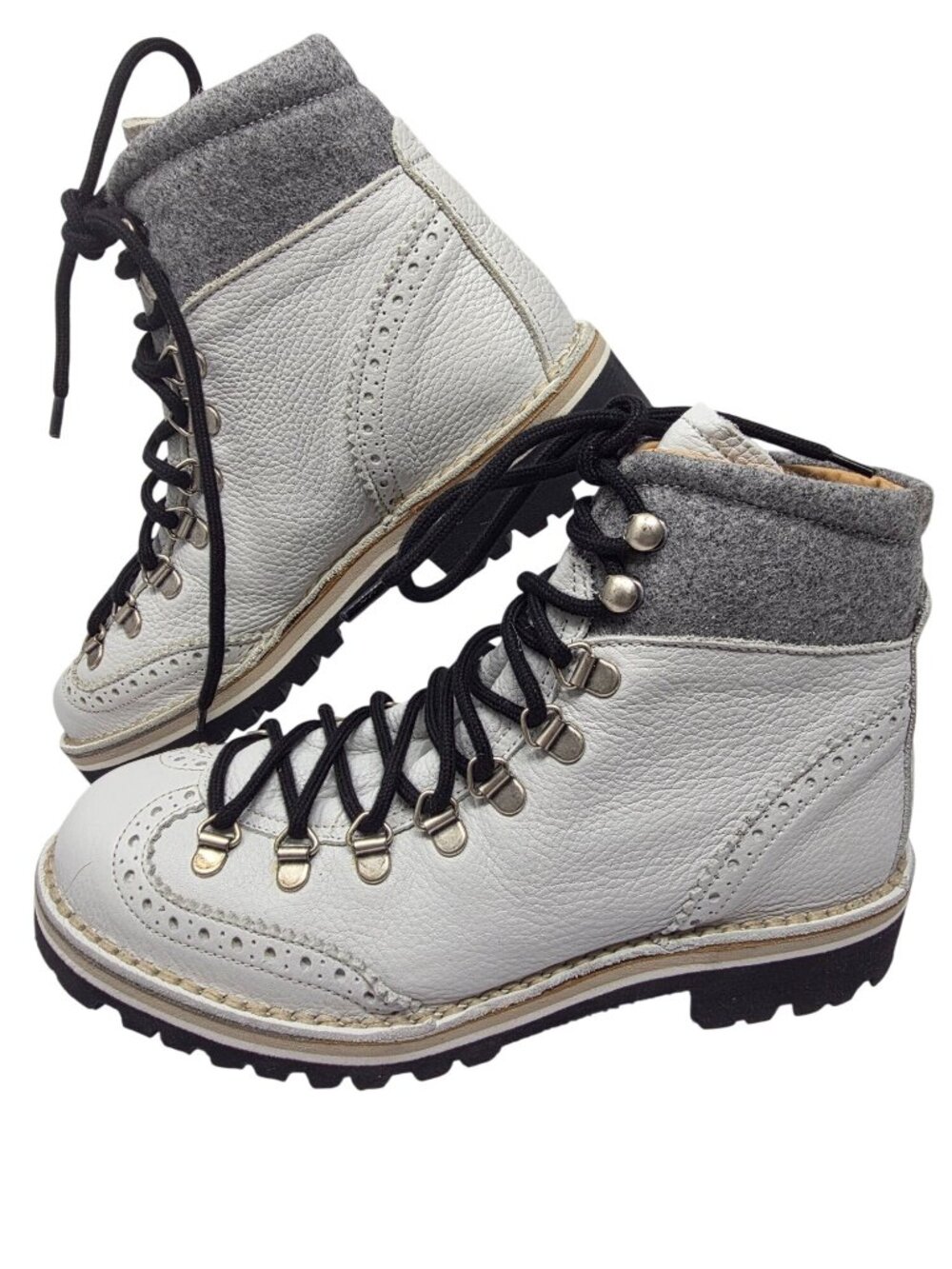 Dirndl + Bua White Leather Hiking Boots With Gray Wool Collar Lace-Up Size 7US
